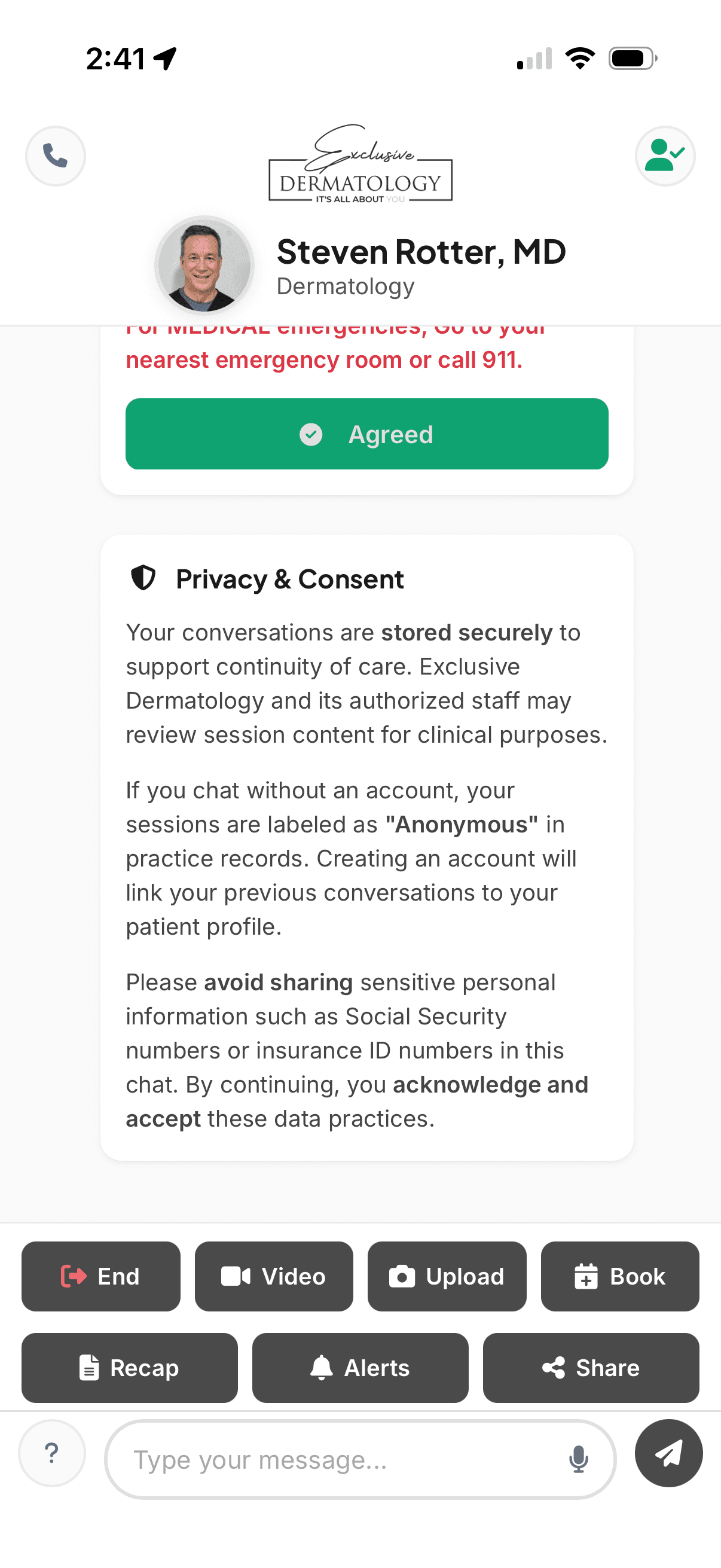 Branded text chat with the practice’s AI Practitioner